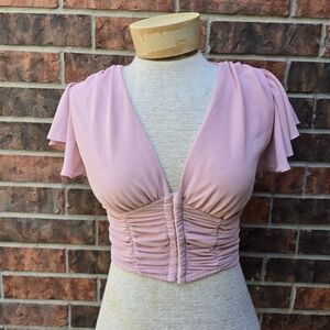 Windsor Blouse Womens Small Pink Ruched Crop Top Flutter Sleeve Smocked